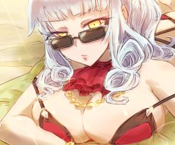 Rule 34 | 1girl, bikini, breasts, brown-tinted eyewear, carmilla (fate), cleavage, ascot, fate/grand order, fate (series), grey hair, jewelry, lips, looking over eyewear, looking over glasses, open mouth, ponytail, sunglasses, swimsuit, tinted eyewear, yellow eyes