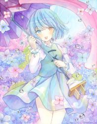 Rule 34 | 1girl, blue eyes, blue hair, blue skirt, blue vest, breasts, commentary request, cowboy shot, flower, frilled sleeves, frills, heterochromia, highres, holding, holding umbrella, juliet sleeves, long sleeves, looking at viewer, miniskirt, painting (medium), parasol, puffy sleeves, purple umbrella, red eyes, shirt, short hair, skirt, small breasts, solo, sweet miuk tea, tatara kogasa, tongue, tongue out, touhou, traditional media, umbrella, vest, watercolor (medium), white shirt