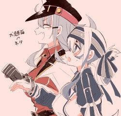 Rule 34 | ..., 2girls, ainu clothes, bad id, bad twitter id, belt, blue eyes, blue hair, blush, breasts, brown gloves, cuffs, dress, closed eyes, facial scar, gangut (kancolle), gloves, grey hair, hair between eyes, hair ornament, hairclip, handcuffs, hat, headband, itomugi-kun, jacket, jacket on shoulders, kamoi (kancolle), kantai collection, large breasts, long hair, looking at another, medium breasts, military, military uniform, multicolored hair, multiple girls, naval uniform, peaked cap, ponytail, red shirt, remodel (kantai collection), scar, scar on cheek, scar on face, shirt, simple background, spoken ellipsis, uniform, wavy mouth, white hair, yuri