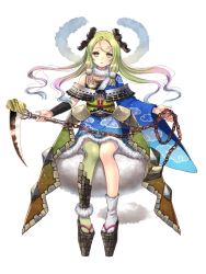 Rule 34 | 1girl, asymmetrical legwear, full body, green eyes, grey socks, hair ornament, highres, holding, holding weapon, looking at viewer, multicolored hair, shirohime quest, simple background, sitting, socks, solo, thighhighs, uneven legwear, weapon, white background