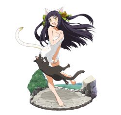 Rule 34 | 1girl, \o/, animal ears, arms up, barefoot, bell, black hair, bow, breasts, cat, cat ears, cat tail, character request, cleavage, collarbone, feet, floating hair, full body, green bow, hair bell, hair bow, hair ornament, large breasts, long hair, naked towel, official art, outstretched arms, slit pupils, solo, standing, sword art online, tail, toes, towel, towel tug, transparent background, very long hair, white towel, yellow eyes