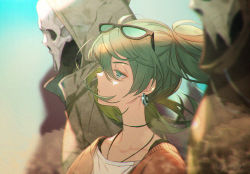 Rule 34 | 1girl, ambiguous gender, commentary, earrings, eyewear on head, from side, gin (oyoyo), green eyes, green hair, half-closed eyes, hatsune miku, hood, hood up, jacket, jewelry, mask, medium hair, outdoors, red jacket, shirt, skull mask, suna no wakusei (vocaloid), sunglasses, twintails, upper body, vocaloid, white shirt