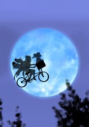Rule 34 | 2girls, bicycle, bicycle basket, bow, bowtie, coat, denied art, drill hair, e.t., full moon, hair bow, hair bun, hair ornament, halo, highres, jelly hoshiumi, kaneko lumi, moon, motion lines, multiple girls, open mouth, phase connect, riding, riding bicycle, scene reference, short hair, sky, virtual youtuber, x hair ornament