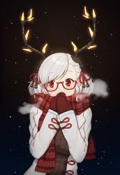 Rule 34 | 1girl, absurdres, black background, blush, breasts, breath, brown sweater, coat, covering own mouth, duffel coat, fake antlers, girls&#039; frontline, glasses, hair ribbon, headgear, highres, long sleeves, looking at viewer, medium breasts, mittens, open clothes, open coat, own hands together, plaid, plaid scarf, red-framed eyewear, red eyes, red mittens, red ribbon, red scarf, ribbon, scarf, semi-rimless eyewear, short hair, short twintails, snowing, solo, spas-12 (girls&#039; frontline), sweater, swept bangs, tareme, terras, twintails, under-rim eyewear, upper body, white coat