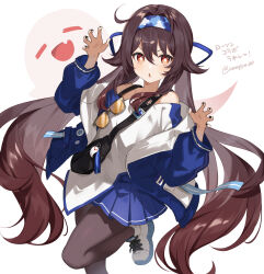 Rule 34 | 1girl, :o, bag, bare shoulders, black nails, blue jacket, blue skirt, boo tao (genshin impact), brown hair, brown pantyhose, eyewear on clothing, flower-shaped pupils, foot out of frame, genshin impact, ghost, ghost pose, hair between eyes, hands up, highres, hu tao (genshin impact), hu tao (lawson) (genshin impact), jacket, lawson, leg up, long hair, long sleeves, looking at viewer, off-shoulder shirt, off shoulder, official alternate costume, open clothes, open jacket, pantyhose, parted lips, pleated skirt, red eyes, shirt, shoes, shoulder bag, simple background, skirt, sneakers, solo, symbol-shaped pupils, thighs, tinted eyewear, translation request, twintails, twitter username, unapoppo, v-shaped eyebrows, very long hair, white background, white footwear
