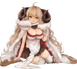 Rule 34 | 10s, 1girl, ahoge, anila (granblue fantasy), arm support, bad id, bad pixiv id, black skirt, blonde hair, boots, breasts, cape, cleavage, detached collar, draph, eyebrows, eyelashes, fur trim, gloves, granblue fantasy, grin, horns, large breasts, long hair, looking at viewer, miniskirt, pleated skirt, sheep horns, simple background, sitting, sketch, skirt, smile, solo, thick eyebrows, thighhighs, very long hair, wataichi meko, wavy hair, white background, white cape, white thighhighs, yellow eyes, yokozuwari