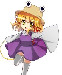 Rule 34 | 1girl, :d, blonde hair, brown hat, hat, highres, moriya&#039;s iron rings, moriya suwako, one-hour drawing challenge, open mouth, ruhika, simple background, skirt, smile, solo, thighhighs, touhou, vest, white thighhighs, wide sleeves, yellow eyes