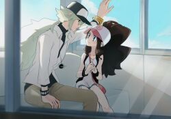 Rule 34 | 1boy, 1girl, arm up, asamaru1225, bag, bangle, baseball cap, black headwear, black vest, black wristband, bracelet, brown hair, brown pants, closed mouth, collared shirt, commentary request, creatures (company), day, eye contact, ferris wheel interior, game freak, green hair, hat, hilda (pokemon), jewelry, knees, long hair, looking at another, n (pokemon), necklace, nintendo, open clothes, open vest, own hands together, pants, pink bag, pokemon, pokemon bw, shirt, shorts, shoulder bag, sidelocks, sitting, undershirt, vest, white headwear, white shirt, window