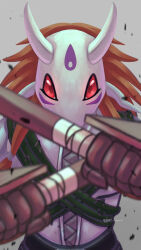 Rule 34 | 1boy, digimon, digimon (creature), highres, looking at viewer, male focus, red eyes, solo, sword, weapon, wooden sword, yaksamon