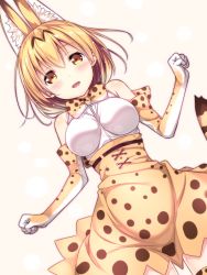 Rule 34 | 10s, 1girl, :d, animal ear fluff, animal ears, animal print, black hair, blonde hair, blush, bow, bowtie, breasts, cowboy shot, dutch angle, elbow gloves, fox ears, gloves, high-waist skirt, impossible clothes, impossible shirt, kemono friends, leopard print, looking at viewer, medium breasts, multicolored hair, open mouth, serval (kemono friends), serval print, serval tail, shirt, short hair, simple background, skirt, sleeveless, sleeveless shirt, smile, solo, standing, streaked hair, sweat, tail, tareme, thighhighs, underbust, usume shirou, white shirt, yellow background