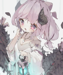 Rule 34 | 1girl, absurdres, black wings, cross, cross necklace, demon horns, dress, feathered wings, feathers, highres, holding, holding lamp, horns, jewelry, long sleeves, looking at viewer, medium hair, necklace, nep (nep 76), open mouth, original, pink eyes, pink hair, smile, solo, upper body, white dress, wings