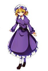 Rule 34 | 1girl, absurdres, baba (baba seimaijo), belt, blonde hair, dress, full body, hat, highres, juliet sleeves, loafers, long sleeves, maribel hearn, mob cap, puffy sleeves, purple dress, shoes, short hair, smile, solo, tachi-e, touhou, transparent background, white legwear, yellow eyes