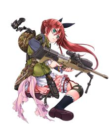 Rule 34 | 1girl, anti-materiel rifle, aqua eyes, black legwear, bolt action, braid, french braid, glasses, gun, helmet, knee pads, loafers, long hair, long sleeves, mcmillan tac-50, polka dot, polka dot skirt, ponytail, rifle, semi-rimless eyewear, shoes, shooting girl, skirt, sniper rifle, solo, touge umi (shooting girl), transparent background, weapon, yone (qtron)
