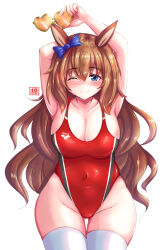 1girl absurdres alternate_costume animal_ears armpits arms_up blue_bow blush bow breasts brown_hair cleavage closed_mouth collarbone commentary_request competition_swimsuit covered_navel ear_bow gluteal_fold hair_between_eyes heart heart-shaped_eyewear highres holding holding_removed_eyewear horse_ears horse_girl horse_tail large_breasts long_hair looking_at_viewer maruzensky_(umamusume) one-piece_swimsuit one_eye_closed red_one-piece_swimsuit simple_background smile solo swimsuit tail thighhighs thighs tong_shui umamusume unworn_eyewear white_background white_thighhighs