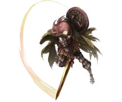 Rule 34 | 10s, 1girl, armor, armored boots, attack, boots, cape, fingerless gloves, full body, gloves, granblue fantasy, long hair, minaba hideo, official art, pink eyes, pink hair, shield, solo, sword, transparent background, volenna, weapon