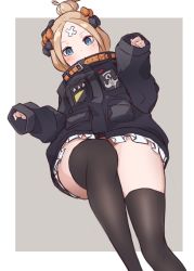 Rule 34 | 1girl, abigail williams (fate), abigail williams (traveling outfit) (fate), absurdres, bandaid, bandaid on face, bandaid on forehead, belt, black bow, black jacket, blonde hair, blue eyes, blush, bow, crossed bandaids, fate/grand order, fate (series), from below, hair bow, hair bun, highres, jacket, kopaka (karda nui), long hair, looking at viewer, multiple hair bows, no panties, official alternate costume, orange belt, orange bow, parted bangs, single hair bun, sleeves past wrists, solo, thighhighs, two-tone background