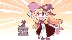 Rule 34 | 1girl, :d, arm up, bandaid, bandaid on knee, bandaid on leg, black cat, phyllis (cat) (little witch nobeta), blonde hair, blush, cape, cat, chibi, dress, flat chest, game cg, gloves, happy, hat, hat ribbon, headband, highres, little witch nobeta, long hair, nobeta, non-web source, official art, open mouth, phyllis (cat) (little witch nobeta), phyllis (little witch nobeta), purple cape, purple thighhighs, red eyes, red headband, ribbon, smile, solo, standing, straight hair, thighhighs, white background, white gloves, witch, witch hat