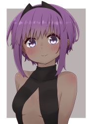 Rule 34 | 1girl, bare shoulders, black leotard, blush, breasts, center opening, closed mouth, dark-skinned female, dark skin, fate/prototype, fate/prototype: fragments of blue and silver, fate (series), grey background, hassan of serenity (fate), i.u.y, leotard, looking at viewer, purple eyes, purple hair, sidelocks, small breasts, smile, solo, two-tone background, upper body, white background