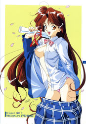 Rule 34 | 1990s (style), 1995, absurdres, blazer, blue skirt, brown hair, cherry blossoms, clothes pull, dated, diploma, highres, holding, jacket, long hair, long sleeves, navel, nipple slip, nipples, open clothes, open jacket, open mouth, open shirt, orange eyes, original, page number, panties, pink panties, plaid, plaid skirt, retro artstyle, skirt, skirt pull, solo, striped clothes, striped panties, suzuki gamma, underwear