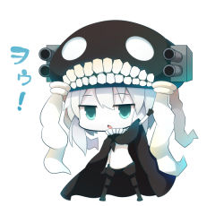 Rule 34 | 10s, abyssal ship, bad id, bad pixiv id, beni shake, bodysuit, cape, chibi, green eyes, headwear request, kantai collection, open mouth, pale skin, personification, tentacles, translation request, wo-class aircraft carrier