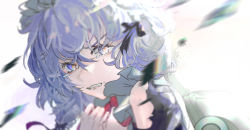 Rule 34 | 1girl, blue dress, clenched teeth, commentary, dress, eyebrows hidden by hair, grey eyes, grey hair, hair between eyes, hands on own chest, hands up, highres, izayoi sakuya, lips, looking at viewer, maid, maid headdress, medium hair, parted lips, portrait, solo, tearing up, teeth, touhou, yuzu