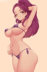 Rule 34 | 1girl, arm behind head, arm up, armpits, bare shoulders, bikini, blush, braid, breasts, brown eyes, cleavage, closed mouth, covered erect nipples, cowboy shot, earrings, fire emblem, fire emblem: three houses, from side, highres, jewelry, large breasts, long hair, looking at viewer, navel, navel piercing, nintendo, one eye closed, petra macneary, piercing, ponytail, purple bikini, purple hair, shellvi, side-tie bikini bottom, skindentation, smile, solo, stomach, string bikini, swimsuit, thighs