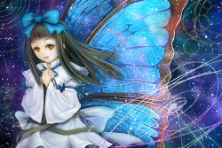 Rule 34 | 1girl, black hair, bow, butterfly wings, dress, eastern and little nature deity, fairy, female focus, hair bow, insect wings, sai-go, sky, solo, star (sky), star sapphire, starry sky, touhou, touhou sangetsusei, wings, yellow eyes