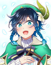 Rule 34 | 1boy, androgynous, aqua hair, bard, beret, blue hair, braid, bright pupils, collared cape, flower, frilled sleeves, frills, genshin impact, gradient hair, green eyes, green hat, hat, hat flower, highres, holding, holding instrument, instrument, looking at viewer, lyre, multicolored hair, pinwheel, short hair with long locks, side braids, smile, solo, twin braids, upper body, venti (genshin impact), white flower, yakisobapan tarou &amp; negitoro-ko