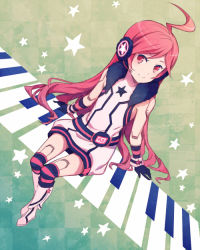 Rule 34 | 1girl, ahoge, arm support, boots, checkered background, choke (amamarin), dress, dutch angle, fur trim, gloves, headphones, headset, instrument, joints, knee boots, long hair, piano, pink eyes, pink hair, robot joints, sf-a2 miki, sitting, smile, solo, star (symbol), thighhighs, vocaloid, white footwear, zettai ryouiki