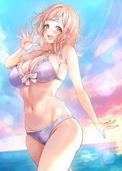 Rule 34 | 1girl, absurdres, bikini, blush, breasts, cleavage, commentary request, highres, idolmaster, idolmaster shiny colors, large breasts, lens flare, light brown hair, looking at viewer, navel, outdoors, plaid, plaid bikini, sakuragi mano, smile, solo, stomach, swimsuit, tonguewasabi