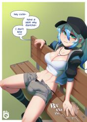 Rule 34 | 1futa, bench, bikupan, blue hair, breasts, bulge, choker, cleavage, commentary, commission, covered testicles, developing erection, english commentary, english text, flaccid, futanari, green eyes, hair between eyes, hat, highres, jewelry, looking at viewer, medium breasts, navel, necklace, open fly, original, panties, ponytail, shorts, sitting, smirk, solo, speech bubble, testicles, twitching penis, underwear, watermark