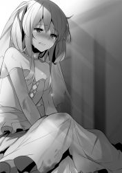 Rule 34 | 1girl, blood, blood on clothes, breasts, bridal veil, clenched teeth, collarbone, crying, crying with eyes open, dress, elbow gloves, gloves, greyscale, highres, jewelry, long hair, long skirt, mishima kurone, monochrome, necklace, novel illustration, official art, rokudenashi majutsu koushi to akashic record, sistine fibel, sitting, skirt, small breasts, solo, tears, teeth, torn clothes, torn dress, veil