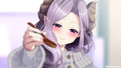 Rule 34 | 1girl, blurry, blurry background, blush, brown horns, demon girl, demon horns, feeding, half-closed eyes, holding, holding spoon, horns, incoming food, long hair, long sleeves, looking at viewer, mocosuka, mole, mole under mouth, nanashi inc., pointy ears, pov, purple eyes, purple hair, saionji mary, smile, solo, spoon, twitter username, upper body, virtual youtuber