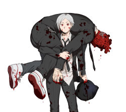 Rule 34 | 1boy, 1girl, alternate hair length, alternate hairstyle, alternate size, alternate universe, arm at side, bag, black jacket, black necktie, black pants, blood, blood on clothes, blood on face, blood on hands, carrying, collared shirt, cross-laced footwear, dorohedoro, dripping, feet out of frame, fireman&#039;s carry, formal, grey hair, hand on another&#039;s arm, highres, holding, holding bag, jacket, jewelry, ki (mxxxx), long sleeves, looking at viewer, mask, necktie, noi (dorohedoro), pants, red eyes, ring, shin (dorohedoro), shirt, shoe soles, shoes, short hair, simple background, sneakers, standing, suit, trash bag, untucked shirt, white background, white footwear, white shirt