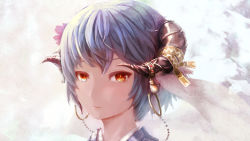 Rule 34 | 1girl, close-up, earrings, flower, grey hair, hair flower, hair ornament, hoop earrings, horn ornament, horns, japanese clothes, jewelry, kimono, looking at viewer, namako (namacotan), original, red eyes, short hair, smile, solo