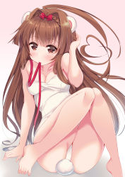 Rule 34 | 1girl, ahoge, animal ears, arm support, ass, bare arms, bare legs, bare shoulders, barefoot, bear ears, blush, bow, breasts, brown eyes, brown hair, cleavage, collarbone, commentary request, gradient background, hair bow, hair intakes, heart, heart ahoge, highres, huge ahoge, kantai collection, ko yu, kuma (kancolle), leotard, long hair, medium breasts, mouth hold, nontraditional playboy bunny, pink background, playboy bunny, rabbit tail, red bow, red ribbon, ribbon, ribbon in mouth, solo, strapless, strapless leotard, striped, tail, vertical stripes, very long hair, white background, white leotard