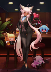 Rule 34 | absurdres, ahoge, animal ears, b-pang, black gloves, black pants, breasts, cup, facial tattoo, formal, gloves, guardian tales, hand on own hip, heart, highres, holding, holding cup, ice witch lupina, indoors, looking at viewer, medium breasts, necktie, official alternate costume, pants, pink hair, short hair with long locks, solo focus, suit, tattoo, wolf ears, wolf girl, yellow eyes