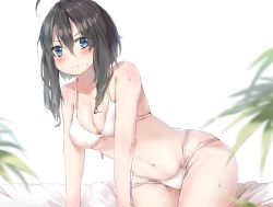 Rule 34 | 1girl, ahoge, bare arms, bare shoulders, bed sheet, bikini, blue eyes, blurry, blurry foreground, blush, breasts, brown hair, cleavage, closed mouth, collarbone, commentary request, depth of field, hair between eyes, highres, long hair, looking at viewer, md5 mismatch, multi-strapped bikini, navel, original, resolution mismatch, sidelocks, skindentation, small breasts, solo, soranagi yuki, source larger, swimsuit, v-shaped eyebrows, wet, white background, white bikini