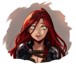 Rule 34 | 1girl, black jacket, breasts, brown background, cleavage, green eyes, highres, jacket, katarina (league of legends), large breasts, league of legends, long hair, looking at viewer, open clothes, open jacket, red hair, scar, scar across eye, shinaa (maddynshinaa), shiny skin, shoulder plates, skull print, solo, tearing up, white background