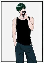 Rule 34 | 1boy, bare shoulders, black tank top, blue lock, commentary, cowboy shot, green eyes, green hair, hand in pocket, highres, holding, holding phone, itoshi rin, male focus, muymu, phone, short hair, solo, tank top