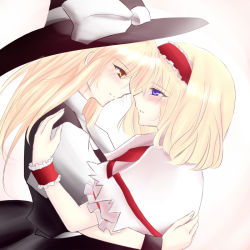 Rule 34 | 2girls, alice margatroid, ao (daisuki), bad id, bad pixiv id, blue eyes, blush, eye contact, female focus, hairband, hat, holding, hug, kirisame marisa, looking at another, multiple girls, profile, red eyes, touhou, witch, witch hat, wrist cuffs, yuri