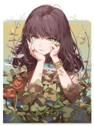Rule 34 | 1girl, absurdres, bracelet, brown hair, closed mouth, flower, green eyes, hand on own cheek, hand on own face, hands up, head rest, highres, jewelry, long hair, looking at viewer, meinoss, multiple rings, original, plant, ring, sketch, solo