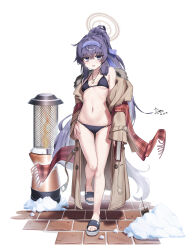 Rule 34 | 1girl, absurdres, bikini, black bikini, black hair, blue archive, blush, breasts, brown jacket, di le to, feet, full body, hairband, halo, highres, jacket, jewelry, legs, long hair, long sleeves, navel, official alternate costume, open mouth, pendant, purple eyes, purple hairband, revision, sandals, simple background, small breasts, snow, solo, swimsuit, toes, ui (blue archive), ui (swimsuit) (blue archive), white background, yellow halo