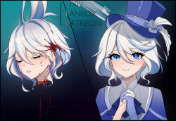 Rule 34 | 1girl, blood, blue eyes, blue gloves, blue headwear, blue shirt, crying, crying with eyes open, death, decapitation, execution, furina (genshin impact), genshin impact, gloves, guro, headshot, highres, murder, severed head, shirt, snuff, solo, tears, tuan shaoye, white hair