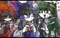 Rule 34 | &gt;:|, 3girls, :|, @ @, alternate color, ascot, black hair, bow, brown hair, closed mouth, detached sleeves, dual persona, flying sweatdrops, frog, frog hair ornament, gohei, green eyes, green hair, hair bow, hair ornament, hair tubes, hakurei reimu, heart, japanese clothes, kochiya sanae, miko, multiple girls, nervous smile, player 2, puckered lips, ribbon-trimmed sleeves, ribbon trim, shaded face, skirt, skirt set, smile, snake, snake hair ornament, suenari (peace), sweat, touhou, v-shaped eyebrows, wide sleeves, yuri