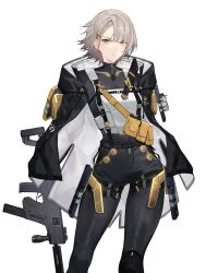 1girl absurdres black_jacket black_pants commentary contrapposto covered_navel feet_out_of_frame girls&#039;_frontline_2:_exilium grey_hair gun hair_ornament hairpin highres holding holding_gun holding_weapon hood hooded_jacket jacket kriss_vector long_sleeves looking_at_viewer multiple_hairpins open_clothes open_jacket pants pouch shinyuxo short_hair simple_background solo submachine_gun vector_(girls&#039;_frontline) vest weapon white_background white_vest x_hair_ornament yellow_eyes