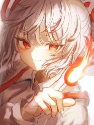 Rule 34 | 1girl, bow, closed mouth, collared shirt, commentary request, fire, fujiwara no mokou, hair bow, highres, index finger raised, long sleeves, looking at viewer, medium hair, pyrokinesis, red bow, red eyes, shirt, sketch, smile, solo, suspenders, touhou, two-tone bow, unfinished, upper body, waramori fuzuka, white bow, white shirt, wing collar