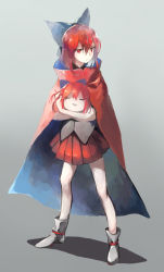 Rule 34 | 1girl, black bow, bow, cape, disembodied head, frown, full body, grey shirt, hair bow, high collar, highres, holding head, kukkuru, looking at viewer, miniskirt, pleated skirt, red cape, red eyes, red hair, red skirt, sekibanki, shirt, shoes, short hair, skirt, solo, touhou, white footwear