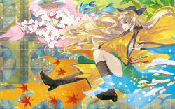 Rule 34 | 1girl, aura, autumn leaves, black footwear, black hat, blonde hair, boots, breasts, cherry blossoms, child-box, comiket 94, commentary request, constellation print, detached sleeves, green skirt, hat, high heel boots, high heels, knee boots, leaf, long hair, long sleeves, matara okina, open mouth, orange sleeves, orange tabard, red ribbon, ribbon, shirt, skirt, small breasts, snow, sun symbol, tabard, thighs, touhou, very long hair, white shirt, wide sleeves, yellow eyes