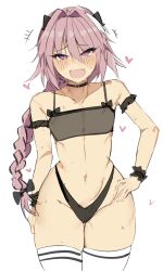 Rule 34 | 1boy, astolfo (fate), black choker, black panties, blush, braid, braided ponytail, choker, crop top, crossdressing, cuffs, fang, fate/grand order, fate (series), hair intakes, heart, highleg, highleg panties, highres, looking at viewer, male focus, midriff, multicolored hair, nabibutter, navel, open mouth, panties, pink eyes, pink hair, simple background, solo, streaked hair, sweat, sweatdrop, thick thighs, thighhighs, thighs, thong, trap, underwear, white thighhighs, wide hips